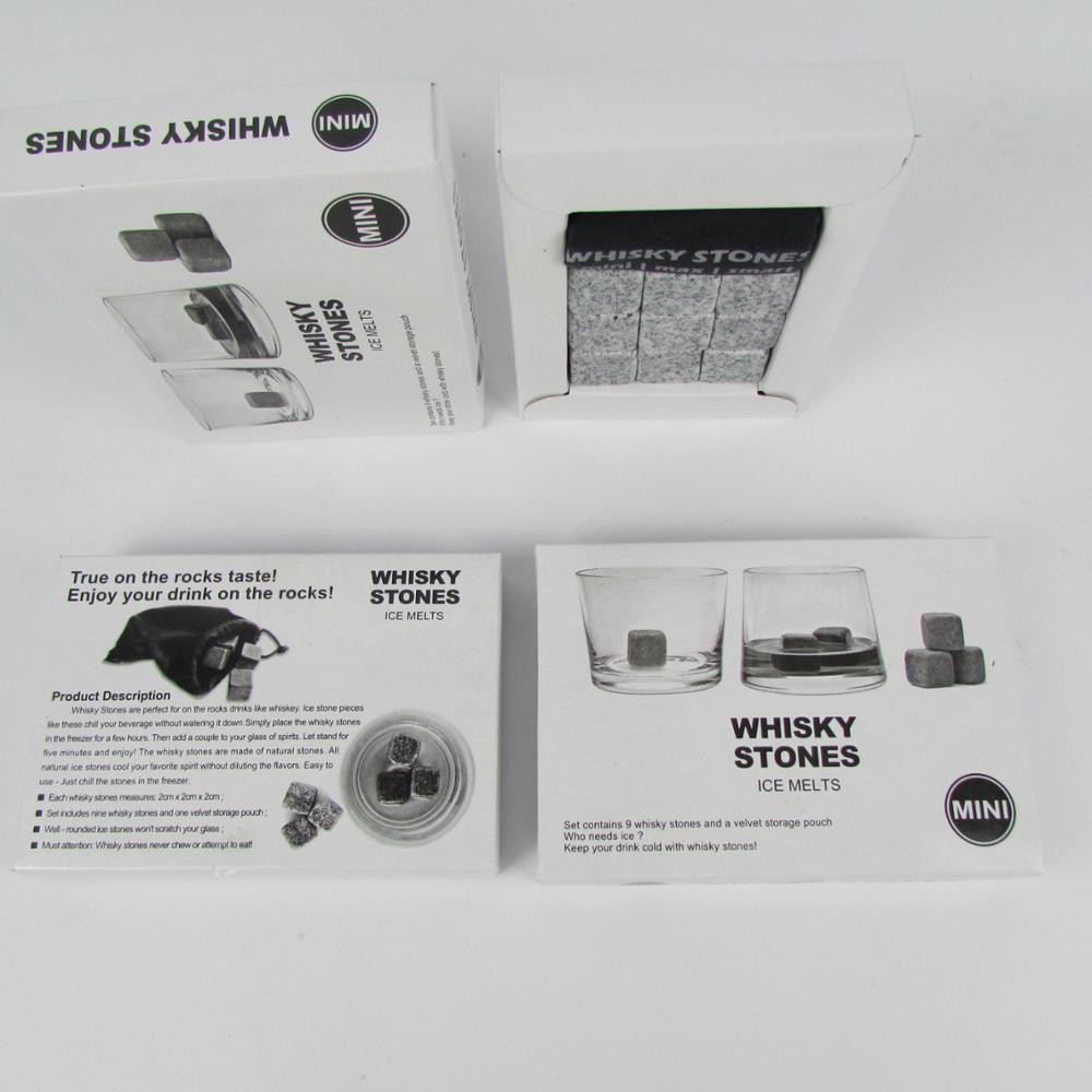 Whisky stones packaging with product description and usage instructions on a white background
