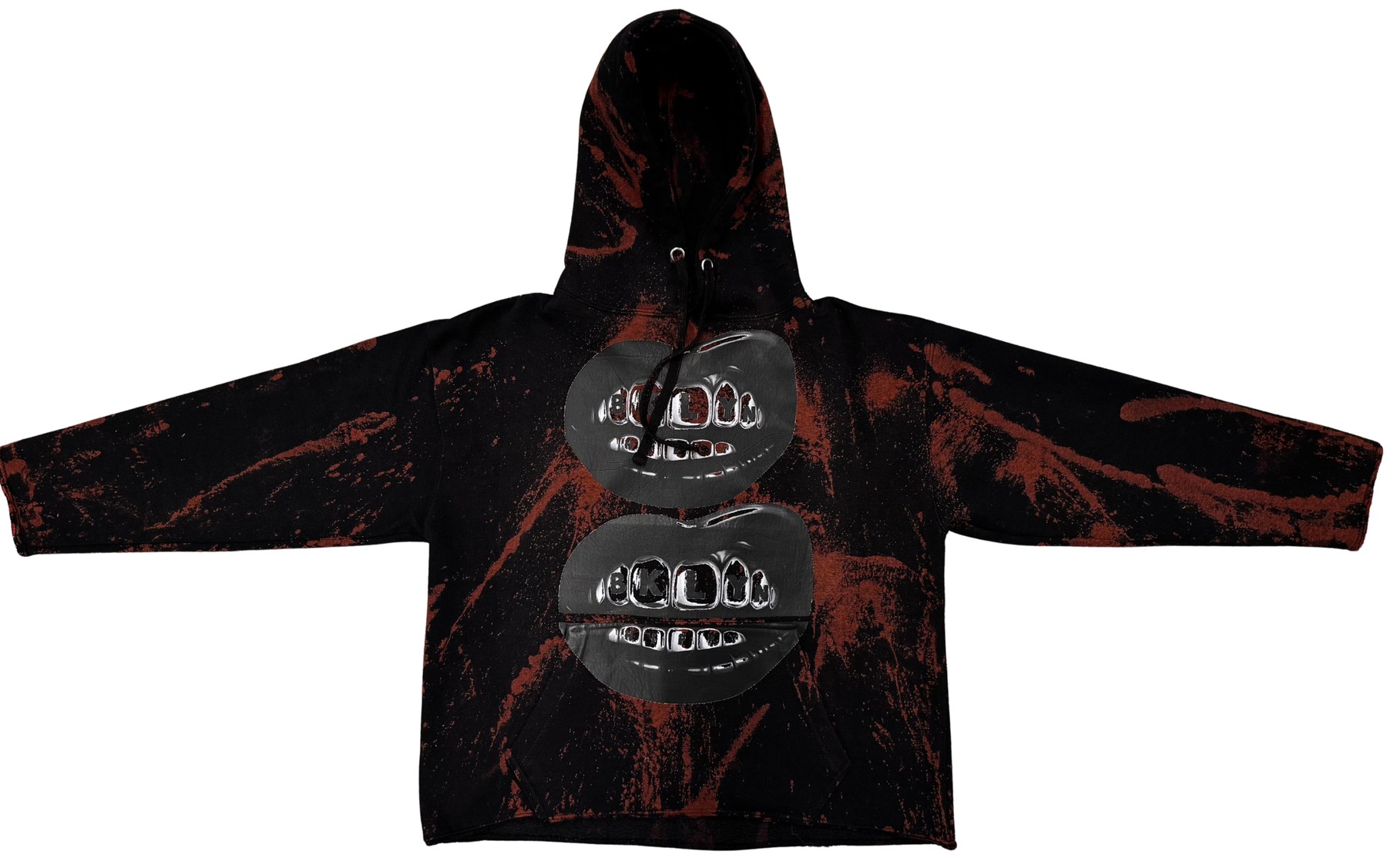 BKLYN Distressed Hoodie in black with hand-applied bleach detailing and chrome grill graphics