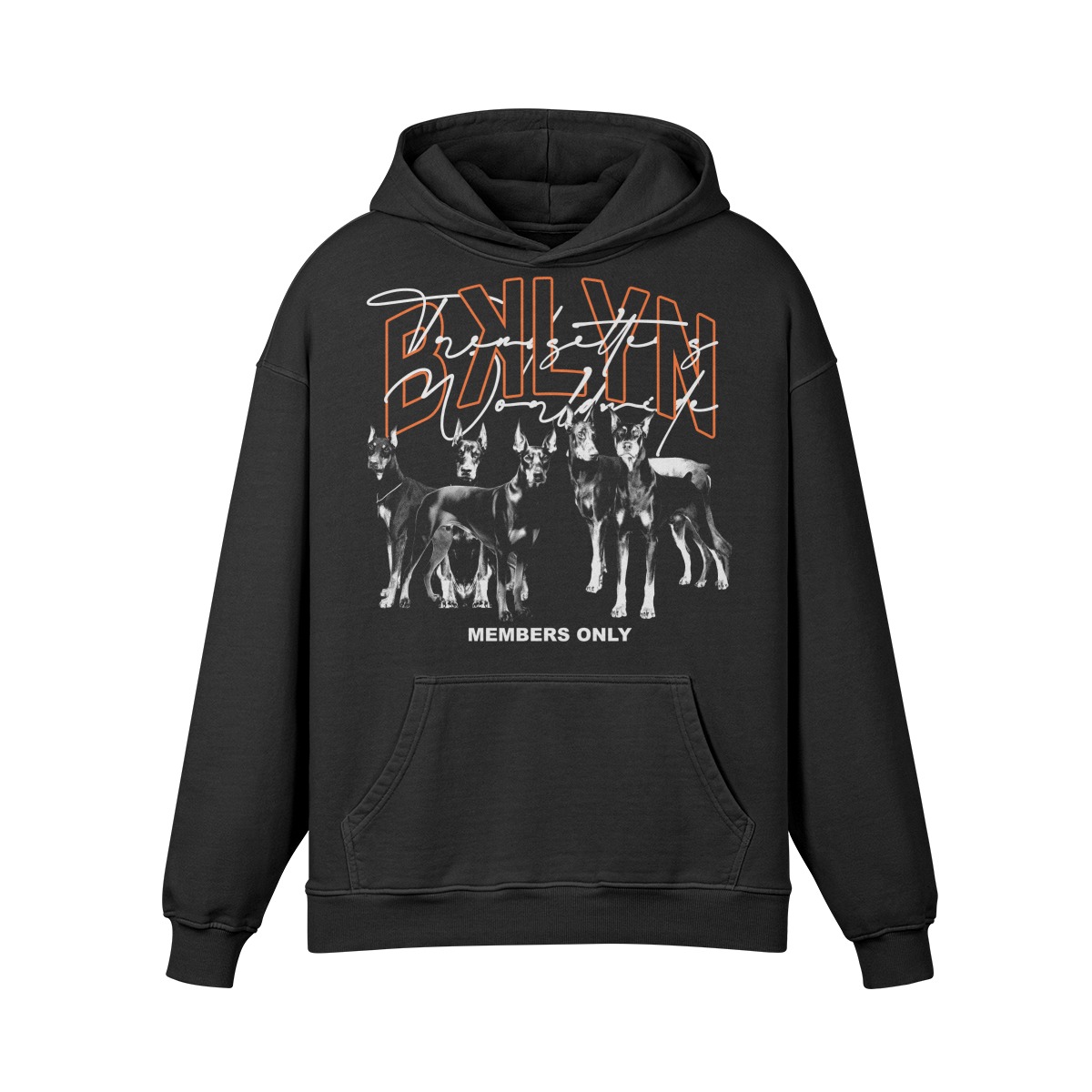 Black BKLYN Members Only Hoodie with Doberman artwork and orange BKLYN lettering