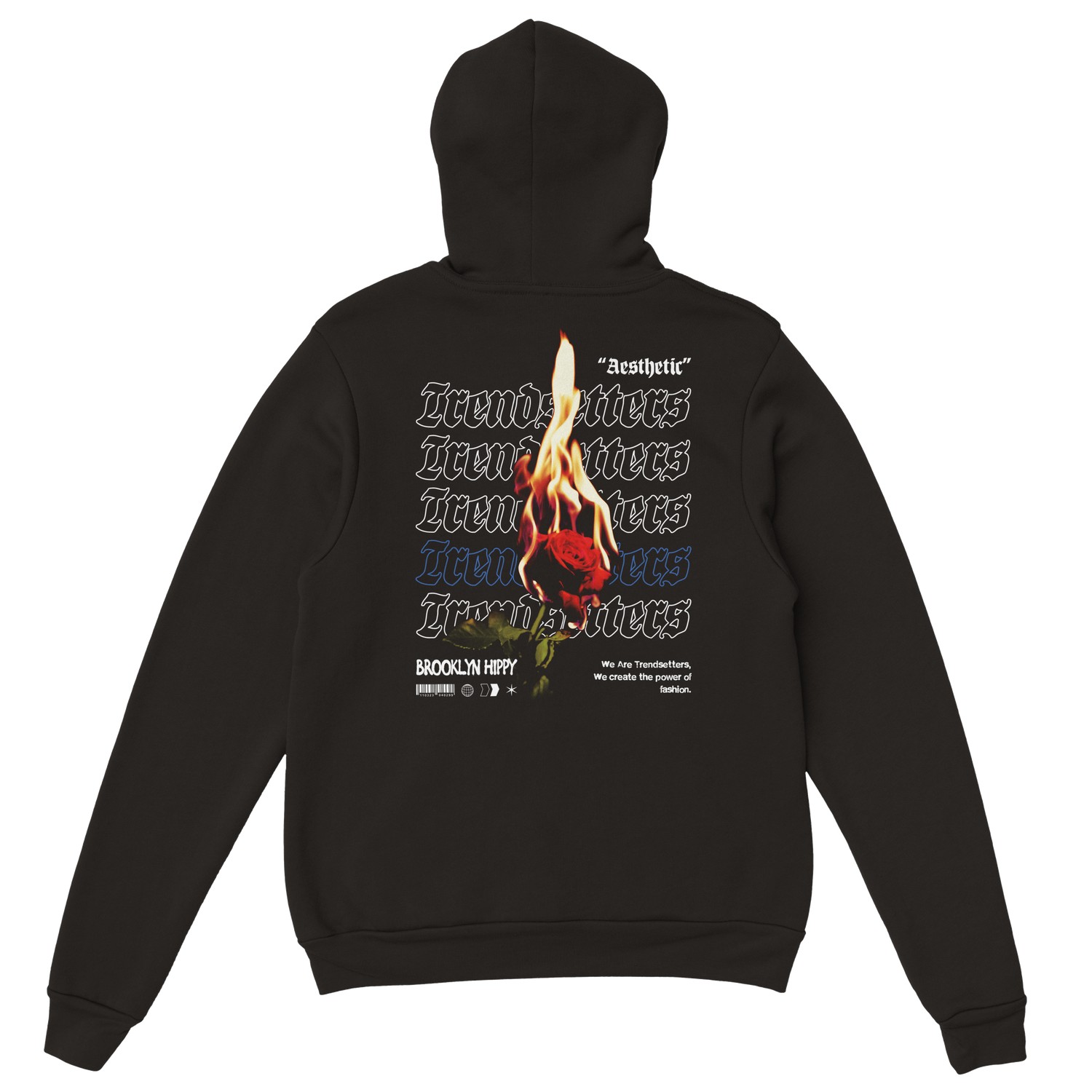 Back of the black Trendsetters Hoodie with gothic lettering and a flaming rose graphic